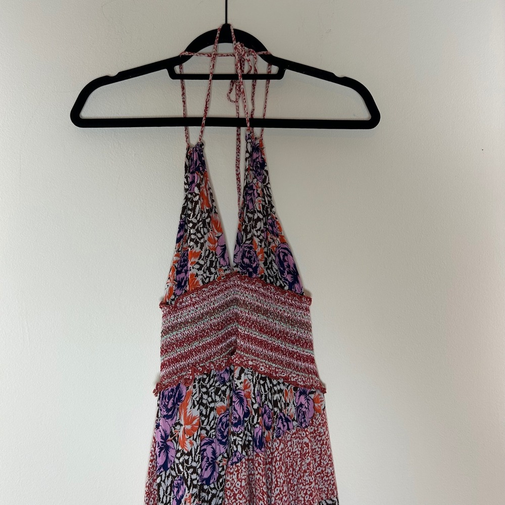 Free People Gabriela Floral Patchwork Halter Maxi Dress Smocked Waist XS - Picture 3 of 8